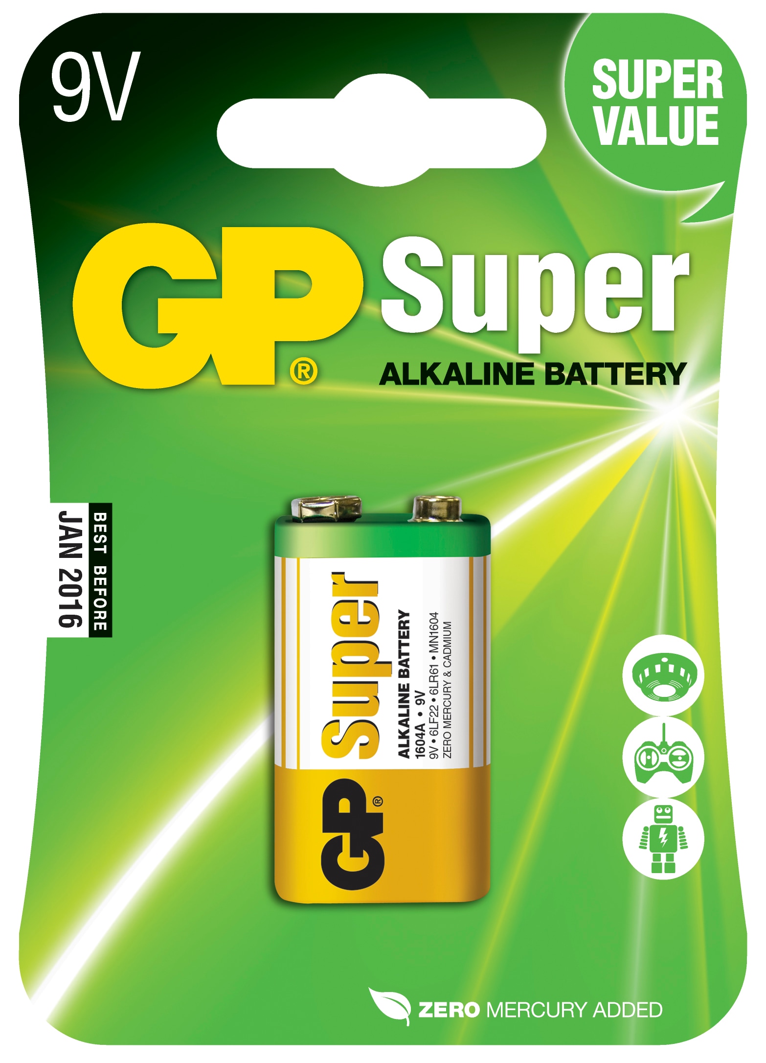 GP Super Alkaline 9V-paristo, 1604A / 6LF22, 1 kpl